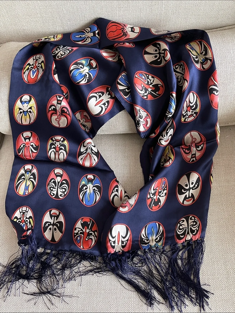 Silk Navy Scarf with Multicolor Mask Motif fringe ends